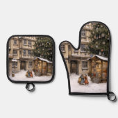 ヴィンテージ村クリスマスツリーの集まり 鍋つかみ&鍋敷きセット (正面)