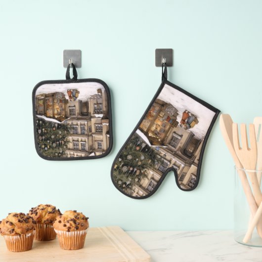 ヴィンテージ村クリスマスツリーの集まり 鍋つかみ&鍋敷きセット (インサイチュ (吊り下げ))