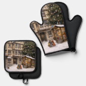 ヴィンテージ村クリスマスツリーの集まり 鍋つかみ&鍋敷きセット (正面/裏面)