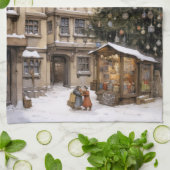 ヴィンテージ村クリスマスツリー集めティータオル キッチンタオル (折り畳み)