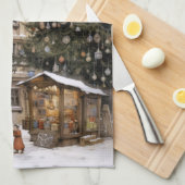ヴィンテージ村クリスマスツリー集めティータオル キッチンタオル (四つ折り)