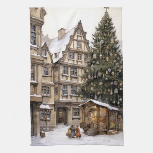ヴィンテージ村クリスマスツリー集めティータオル キッチンタオル (縦)
