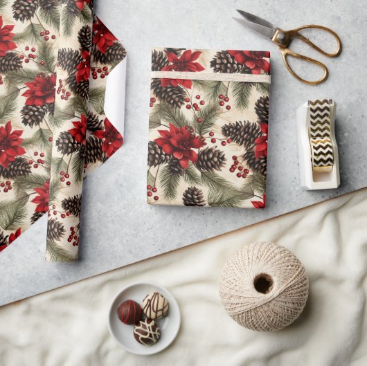 ヴィンテージ松の円錐と枝とポインセチア ラッピングペーパー (クラフト)