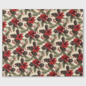 ヴィンテージ松の円錐と枝とポインセチア ラッピングペーパー (フラット)
