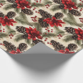 ヴィンテージ松の円錐と枝とポインセチア ラッピングペーパー (角)