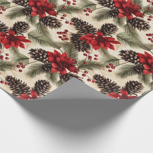 ヴィンテージ松の円錐と枝とポインセチア ラッピングペーパー (角)