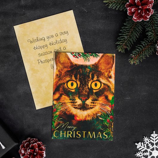 ヴィンテージ松の枝と葉猫メリークリスマス シーズンカード