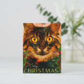 ヴィンテージ松の枝と葉猫メリークリスマス シーズンポストカード (スタンド正面)