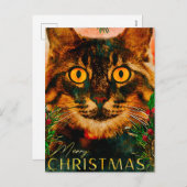 ヴィンテージ松の枝と葉猫メリークリスマス シーズンポストカード (正面/裏面)
