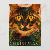 ヴィンテージ松の枝と葉猫メリークリスマス シーズンポストカード (正面)