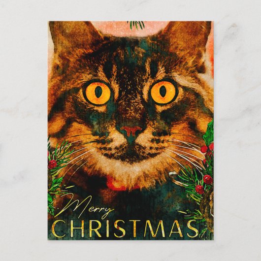 ヴィンテージ松の枝と葉猫メリークリスマス シーズンポストカード (正面)