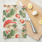 ヴィンテージ林きのこラッキークローバーパターン キッチンタオル (四つ折り)