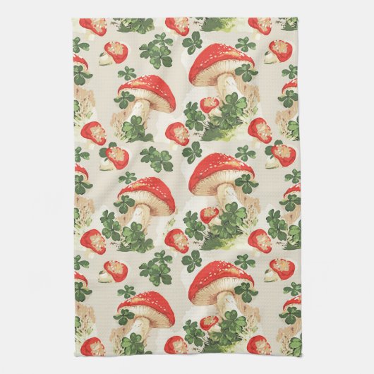ヴィンテージ林きのこラッキークローバーパターン キッチンタオル (縦)