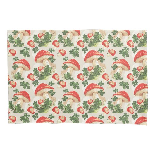 ヴィンテージ林きのこラッキークローバーパターン 枕カバー (正面)