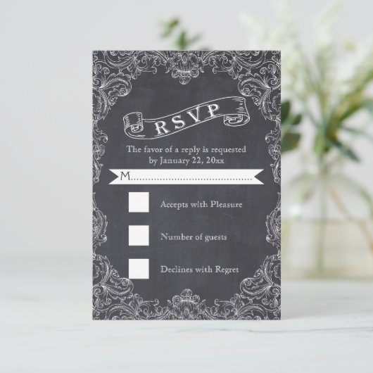 ヴィンテージ枠と黒板結婚式RSVP 出欠カード (スタンド正面)