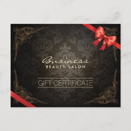 ヴィンテージ枠ダマスク赤いリボンギフト証明書 ポストカード (正面)
