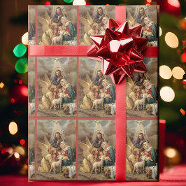 ヴィンテージ柄のキリスト降誕の聖家族と天使のクリスマス ラッピングペーパー