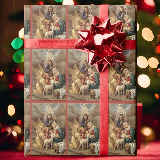 ヴィンテージ柄のキリスト降誕の聖家族と天使のクリスマス ラッピングペーパー