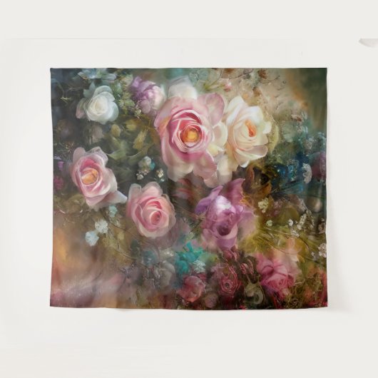 ヴィンテージ柔らかい白とピンクのバラ絵を描ス タペストリー (正面(横))