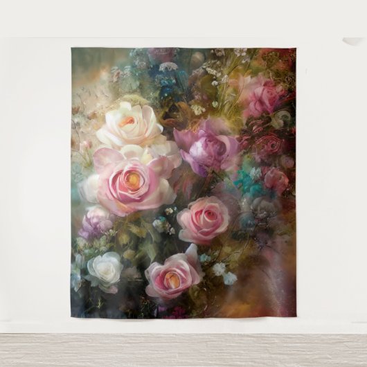 ヴィンテージ柔らかい白とピンクのバラ絵を描ス タペストリー (正面)