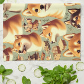 ヴィンテージ柴犬シームレスパターン キッチンタオル (折り畳み)