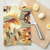 ヴィンテージ柴犬シームレスパターン キッチンタオル (四つ折り)