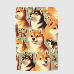 ヴィンテージ柴犬シームレスパターン ゴルフタオル