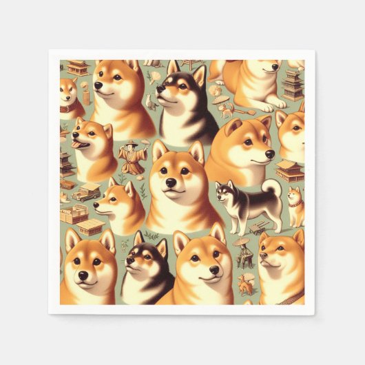 ヴィンテージ柴犬シームレスパターン スタンダードカクテルナプキン (正面)