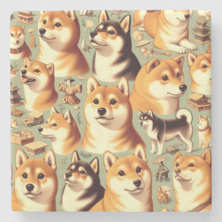 ヴィンテージ柴犬シームレスパターン ストーンコースター