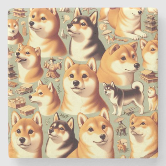 ヴィンテージ柴犬シームレスパターン ストーンコースター (正面)