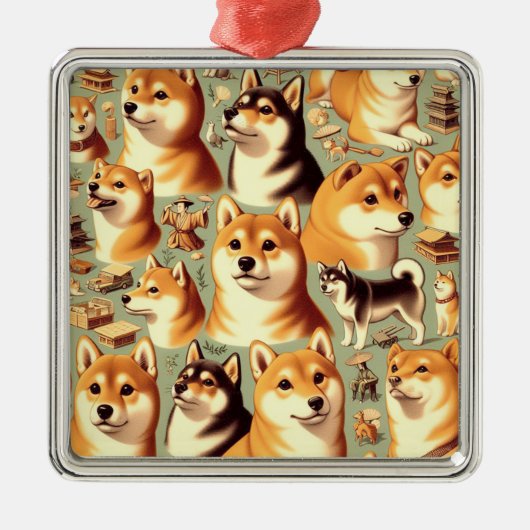 ヴィンテージ柴犬シームレスパターン メタルオーナメント (正面)