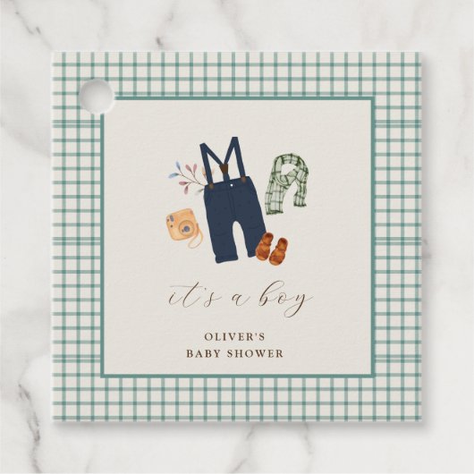 ヴィンテージ格子縞の少年服赤ちゃんシャワー フェイバータグ (正面)