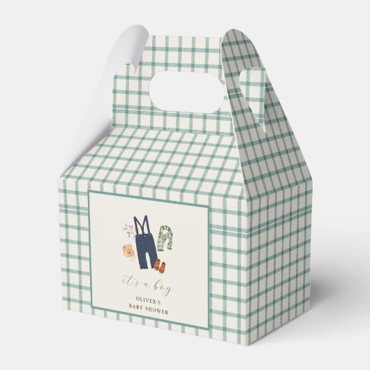 ヴィンテージ格子縞の少年服赤ちゃんシャワー フェイバーボックス (正面サイド)