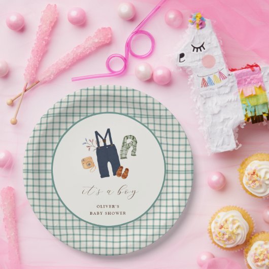 ヴィンテージ格子縞の少年服赤ちゃんシャワー ペーパープレート (パーティー)