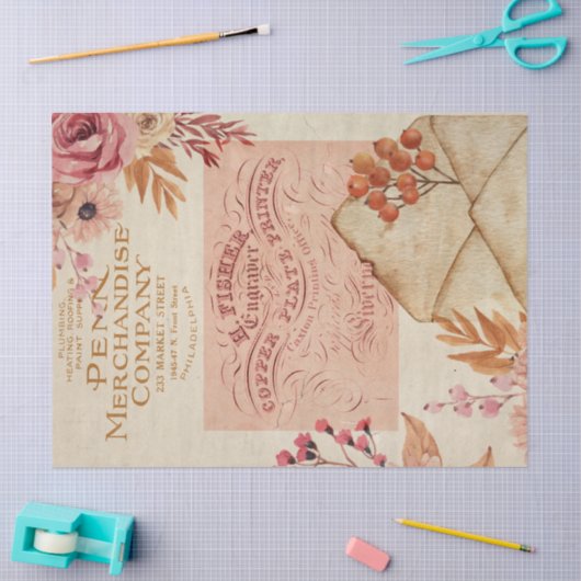 ヴィンテージ桃とピンクの花の切り離し 薄葉紙 (クラフト)