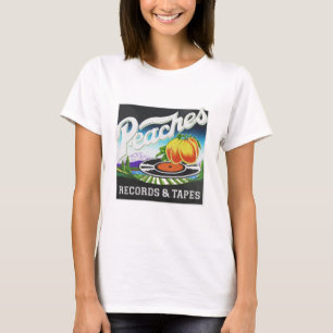 ヴィンテージ桃のレコードとテープのロゴ Tシャツ