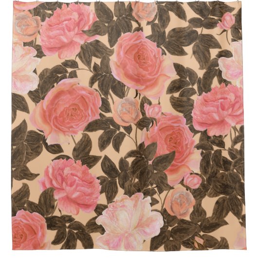 ヴィンテージ桃バラ水の色のパターン。 シャワーカーテン (正面)