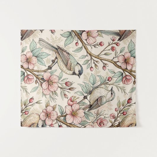 ヴィンテージ桜さくらんぼブロッサム&バードエステティック2 タペストリー (正面(横))