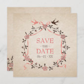 ヴィンテージ桜の花のツバメたち Save the Date カード (正面/裏面)