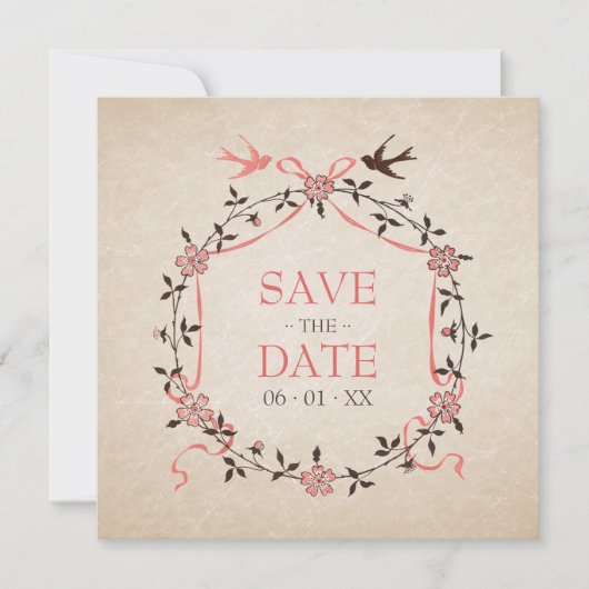 ヴィンテージ桜の花のツバメたち Save the Date カード (正面)