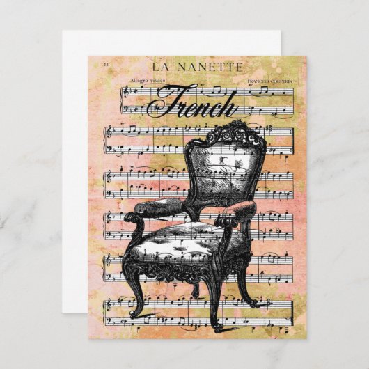 ヴィンテージ椅子と音楽招待状 招待状 (正面/裏面)
