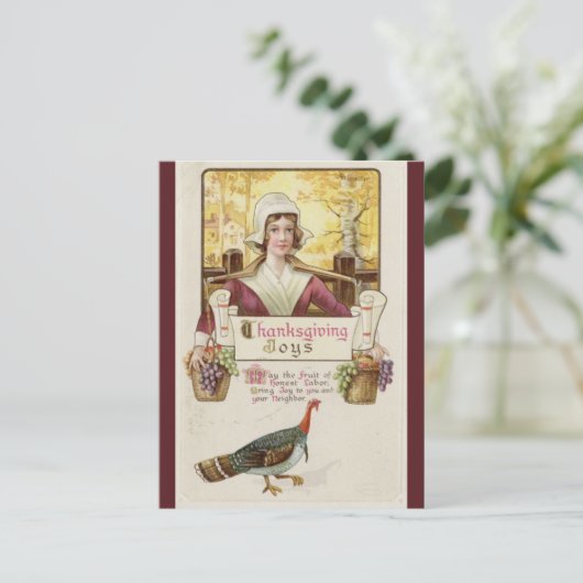 ヴィンテージ植民地女性とトルコの感謝祭 ポストカード (スタンド正面)
