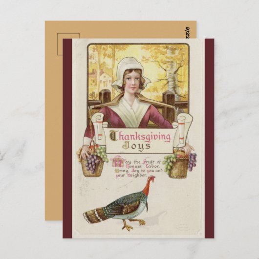 ヴィンテージ植民地女性とトルコの感謝祭 ポストカード (正面/裏面)
