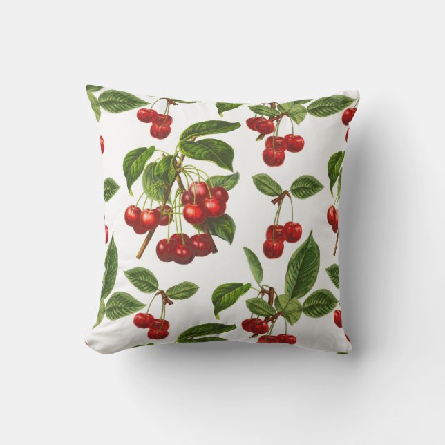 ヴィンテージ植物さくらんぼプリントオンホワイト アウトドアクッション (正面)