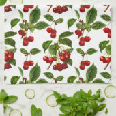 ヴィンテージ植物さくらんぼプリントオンホワイト キッチンタオル (折り畳み)