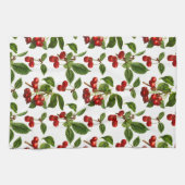 ヴィンテージ植物さくらんぼプリントオンホワイト キッチンタオル (横)