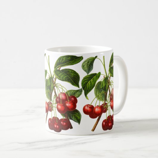 ヴィンテージ植物さくらんぼプリントオンホワイト コーヒーマグカップ (正面右)