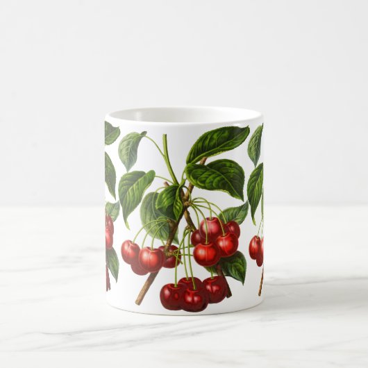 ヴィンテージ植物さくらんぼプリントオンホワイト コーヒーマグカップ (中央)