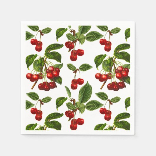 ヴィンテージ植物さくらんぼプリントオンホワイト スタンダードカクテルナプキン (正面)