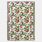 ヴィンテージ植物さくらんぼプリントオンホワイト スローブランケット (正面縦)